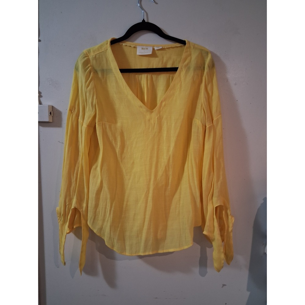 Maeve Anthropologie Yellow V-Neck Tie Cuff Bishop Sleeve Blouse Small